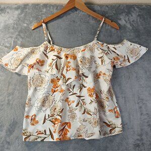 Shein Womens‎ Floral Cold Shoulder Ruffle Top S White Orange Summer Boho Casual
